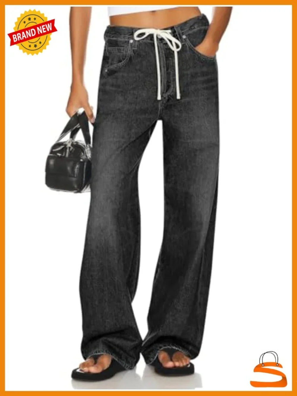 High Waisted Wide Leg Jeans with Drawstring and Pockets